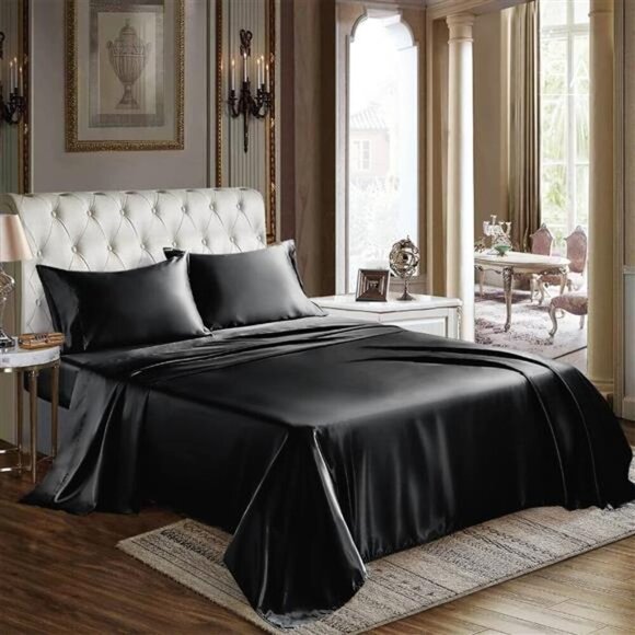 Satin Sheets King Size - 4 Piece Black Bed Sheet Set with Silky Microfiber - Picture 1 of 7